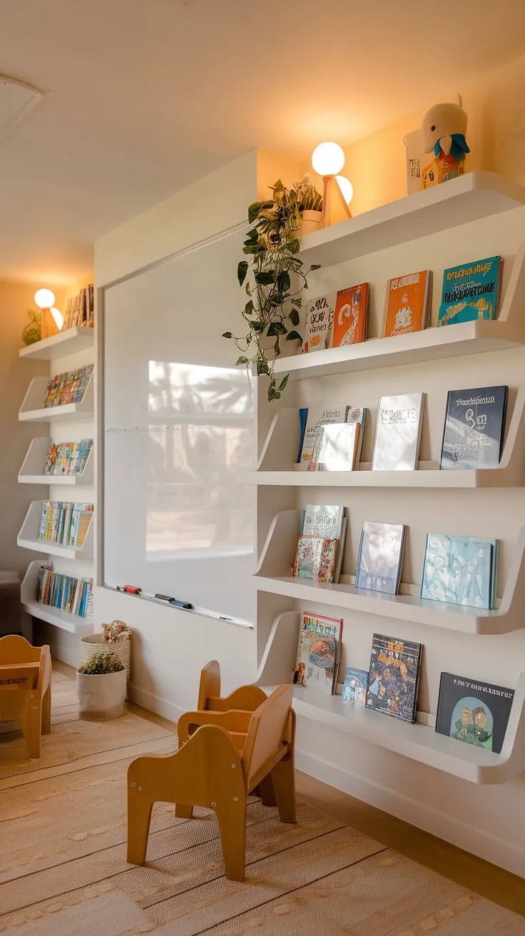 Dreamy playroom goals!  Kids shelves and modern shelving units create a beautiful and functional book storage solution. The whiteboard wall and sliding whiteboard add an interactive element, while the warm lighting and cozy rug complete this inspiring kids bedroom design.  Perfect for imaginative play and organized learning.
