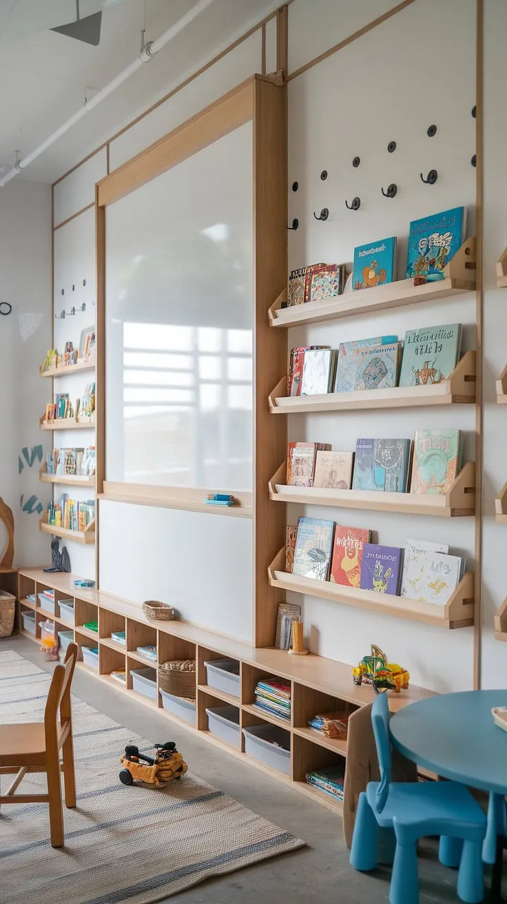 Imagination takes center stage in this playful space!  Kids bookshelves brimming with colorful reads are complemented by a practical whiteboard wall and sliding whiteboard, making learning and creativity equally accessible.  This innovative playroom design offers smart kids living room storage and stylish kids bedroom design, all thanks to thoughtful modern shelving units.