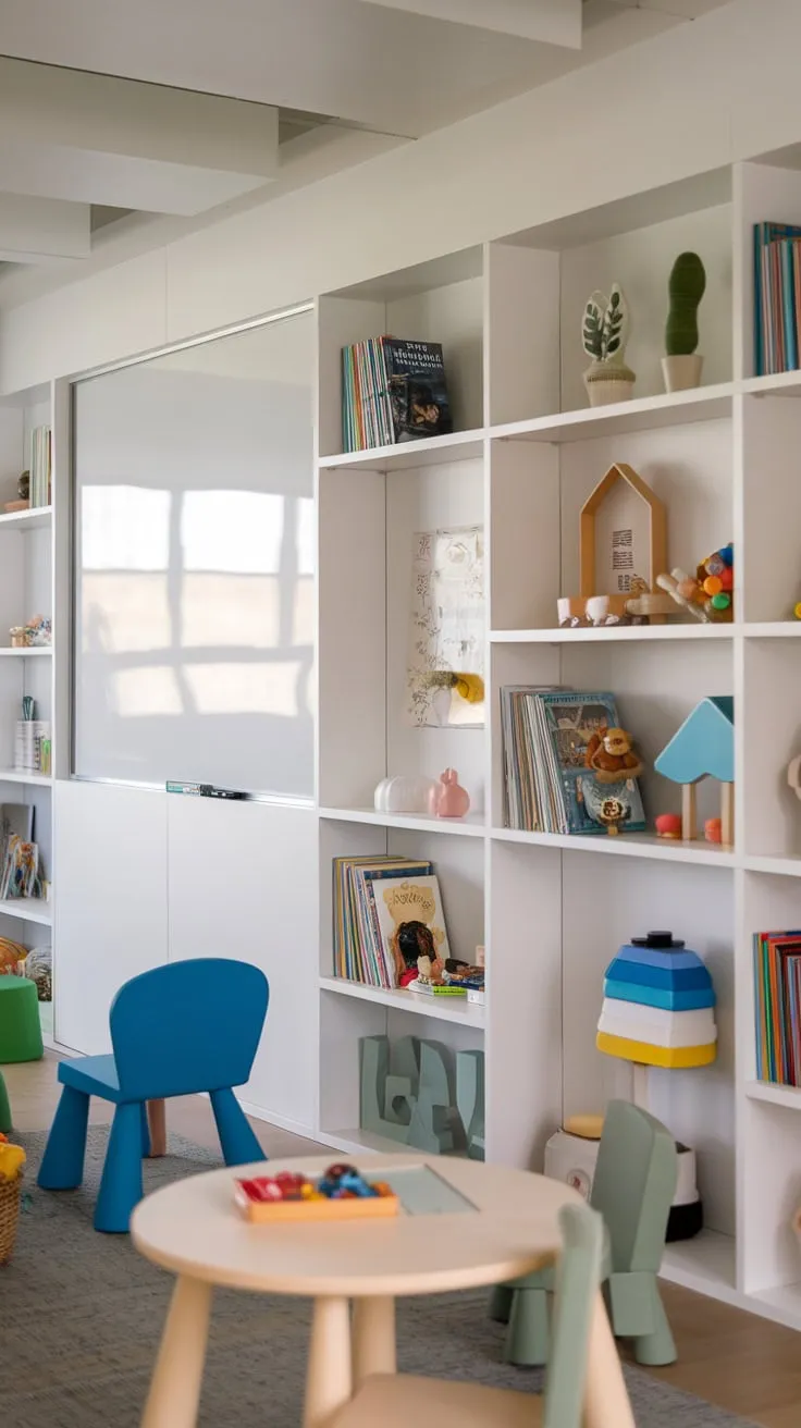 Creative play meets organized storage in a stylish playroom boasting whiteboard walls, sliding whiteboard, and modern shelving packed with children's books and toys.
