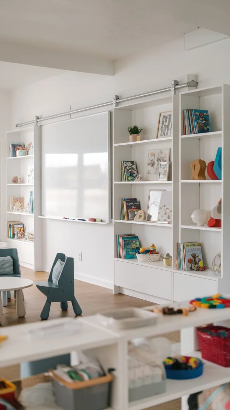 A bright playroom boasts modern shelving overflowing with children's books, cleverly integrated into a spacious design with a whiteboard wall and hardwood floors