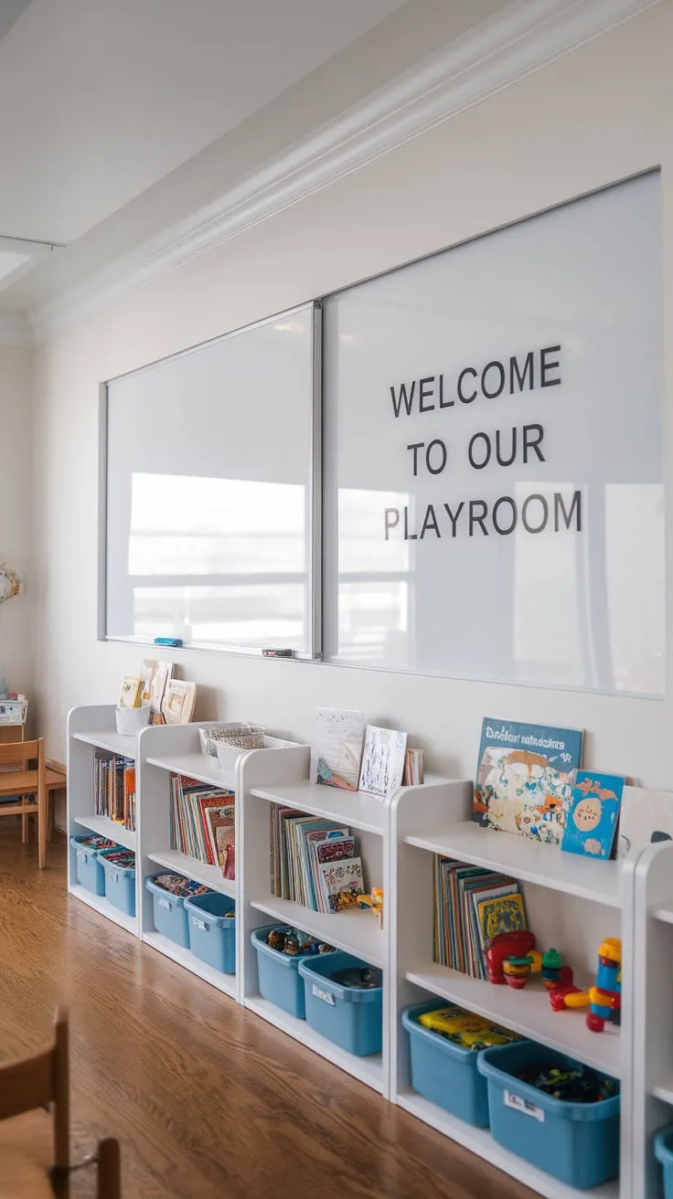 A stylish playroom boasts ample book storage and a fun whiteboard wall creating a creative and organized space for kids.