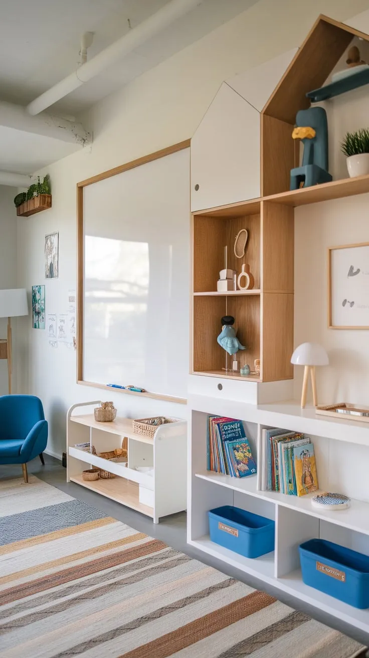 Stylish playroom design seamlessly blends book storage into a functional and aesthetically pleasing space.