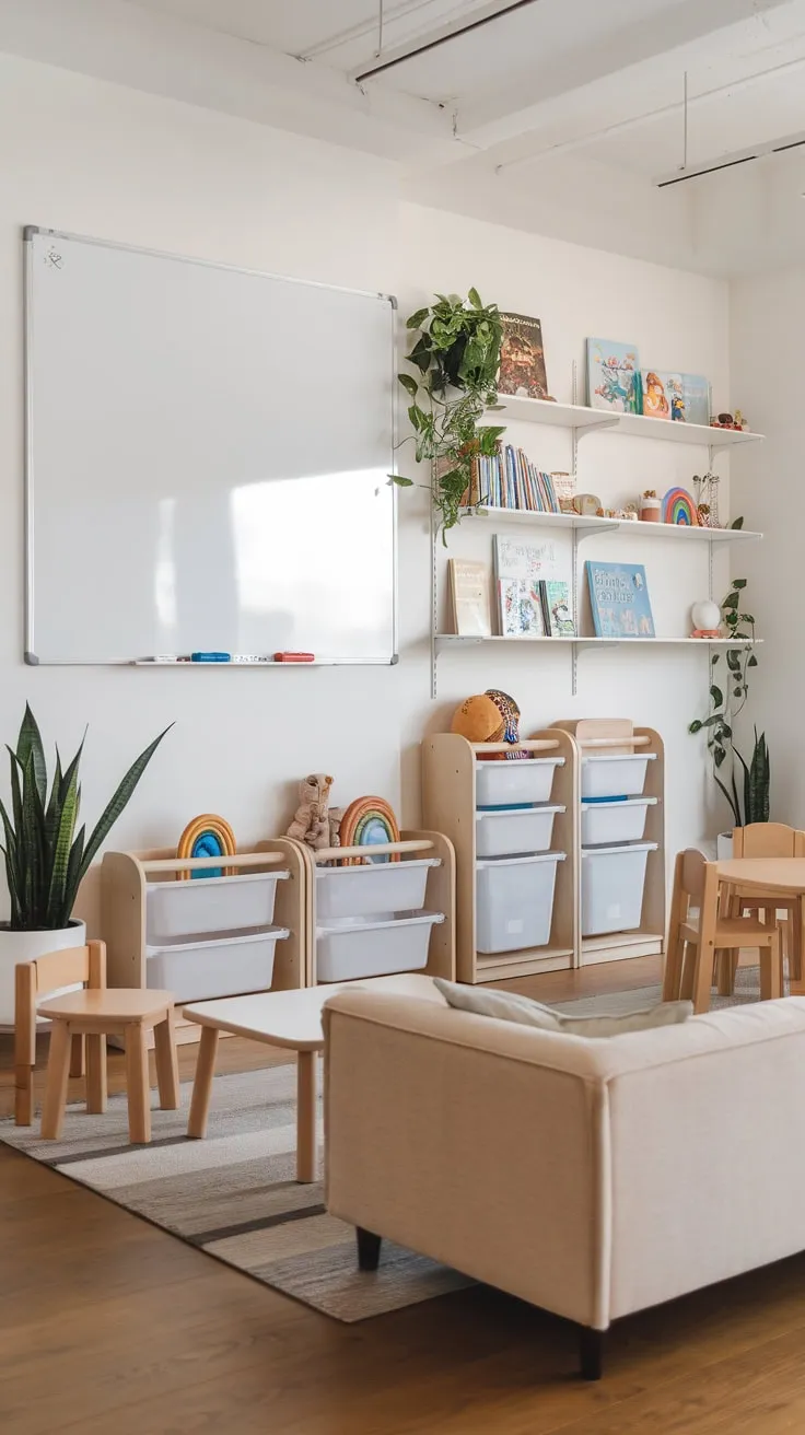 Stylish book storage solutions and playful design elements transform this modern playroom into a child's creative haven.