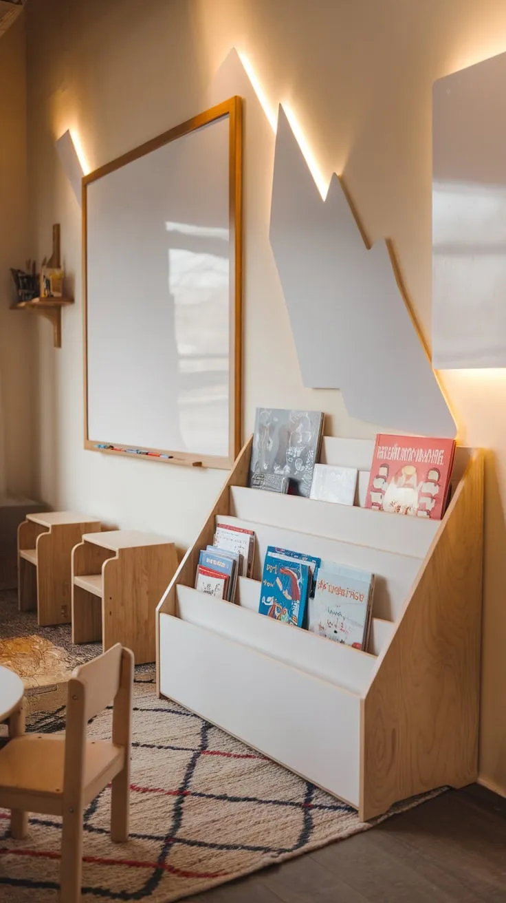 Warm lighting illuminates a playful space featuring wood shelving with integrated whiteboards for creative storage of children's books