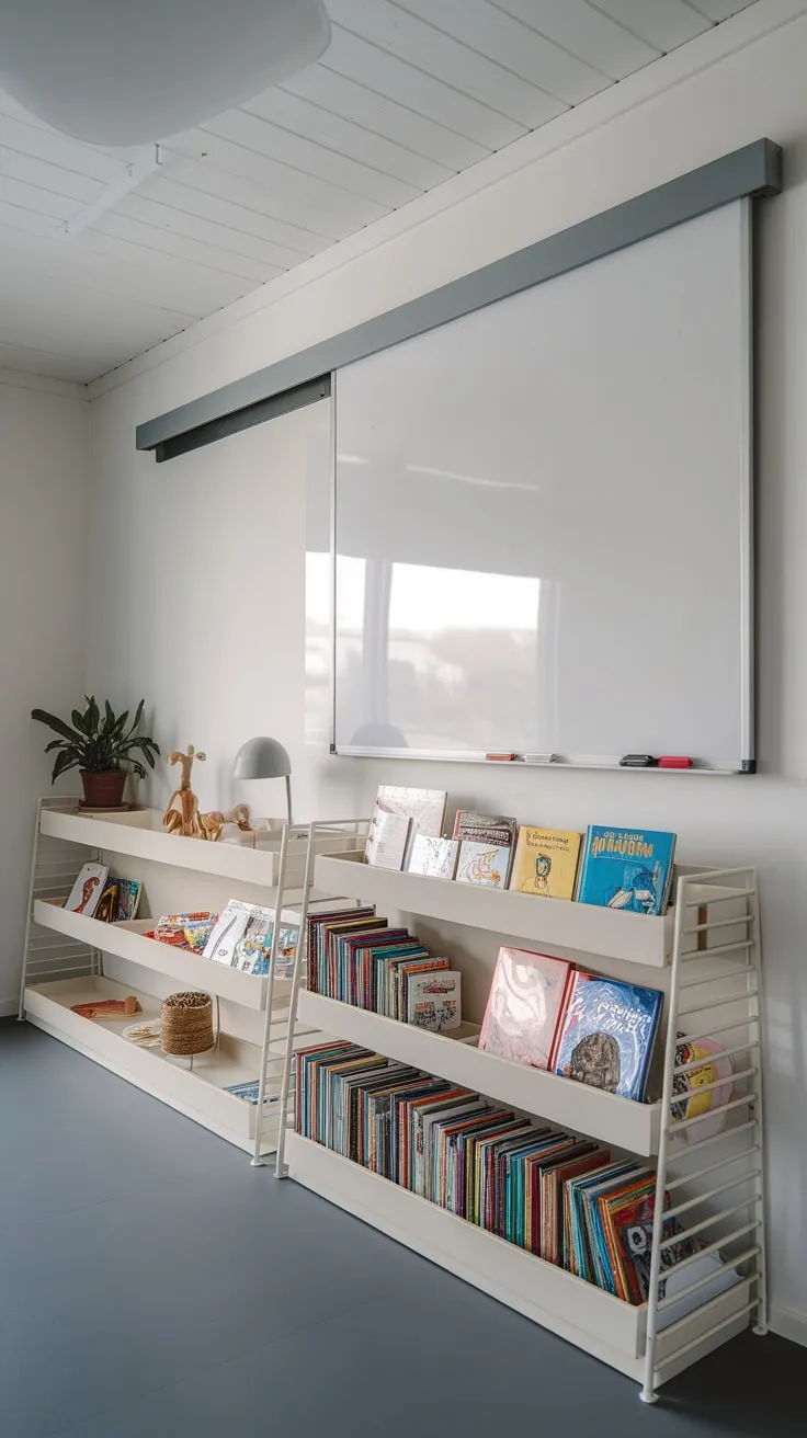 A stylish playroom features a modern shelving unit perfectly organizing a diverse collection of children's books alongside toys and plants, all bathed in bright light.