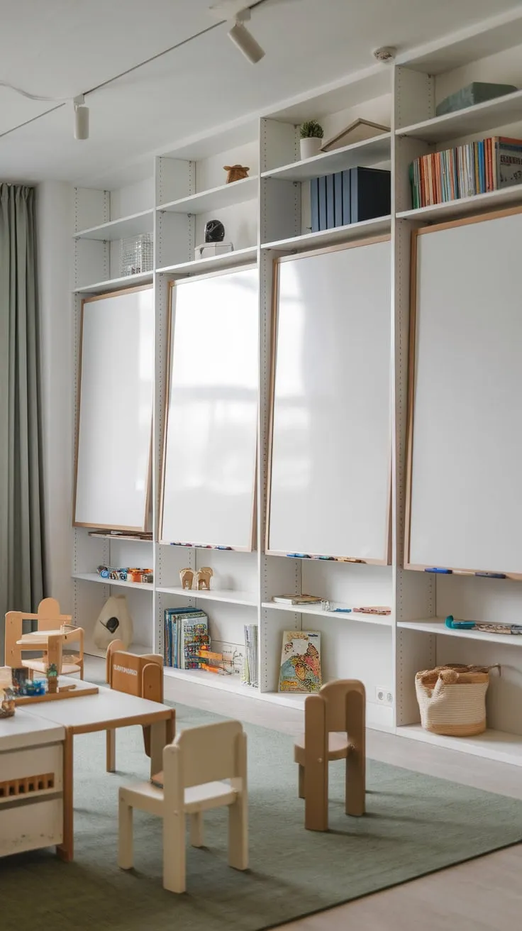 A modern playroom boasts stylish white shelving and whiteboard walls, cleverly organizing toys, books, and a child's creative space