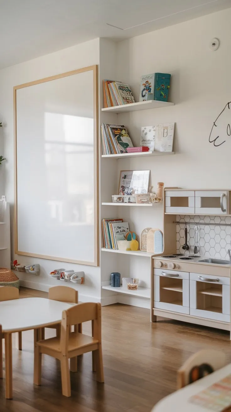 Modern playroom shelving cleverly stores kids' books and toys alongside a whiteboard wall and play kitchen, creating a fun and organized learning space