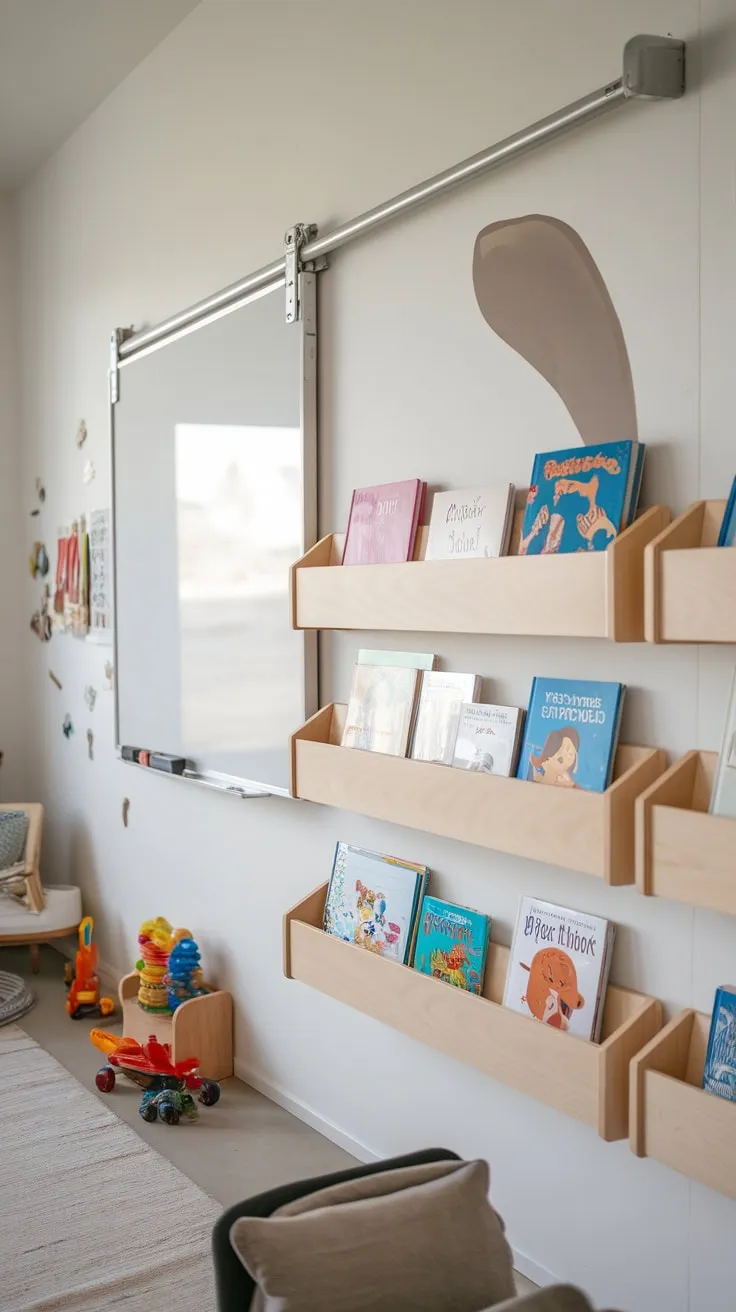 Modern shelving units display vibrant children's books in a playful space enhanced by a whiteboard wall and comfy rug.