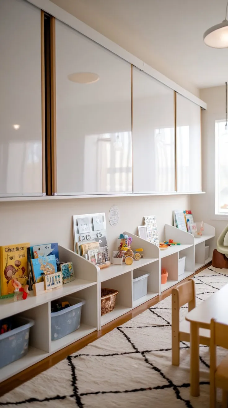 Soft lighting illuminates a stylish playroom with integrated whiteboard walls and organized book storage, creating a fun and functional learning environment.