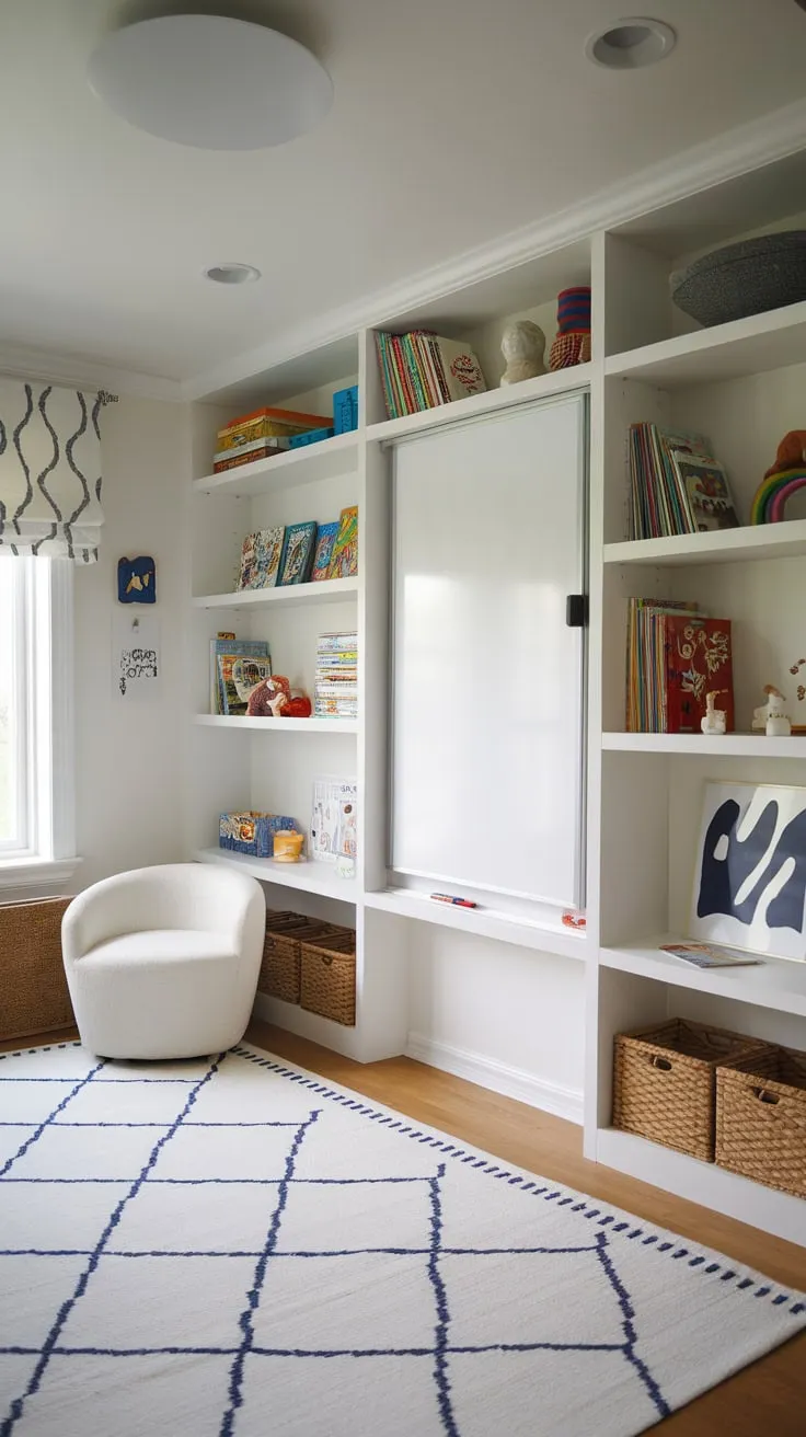 A vibrant playroom features sleek white shelving, maximizing storage for children's books and toys within a cheerful, modern design.