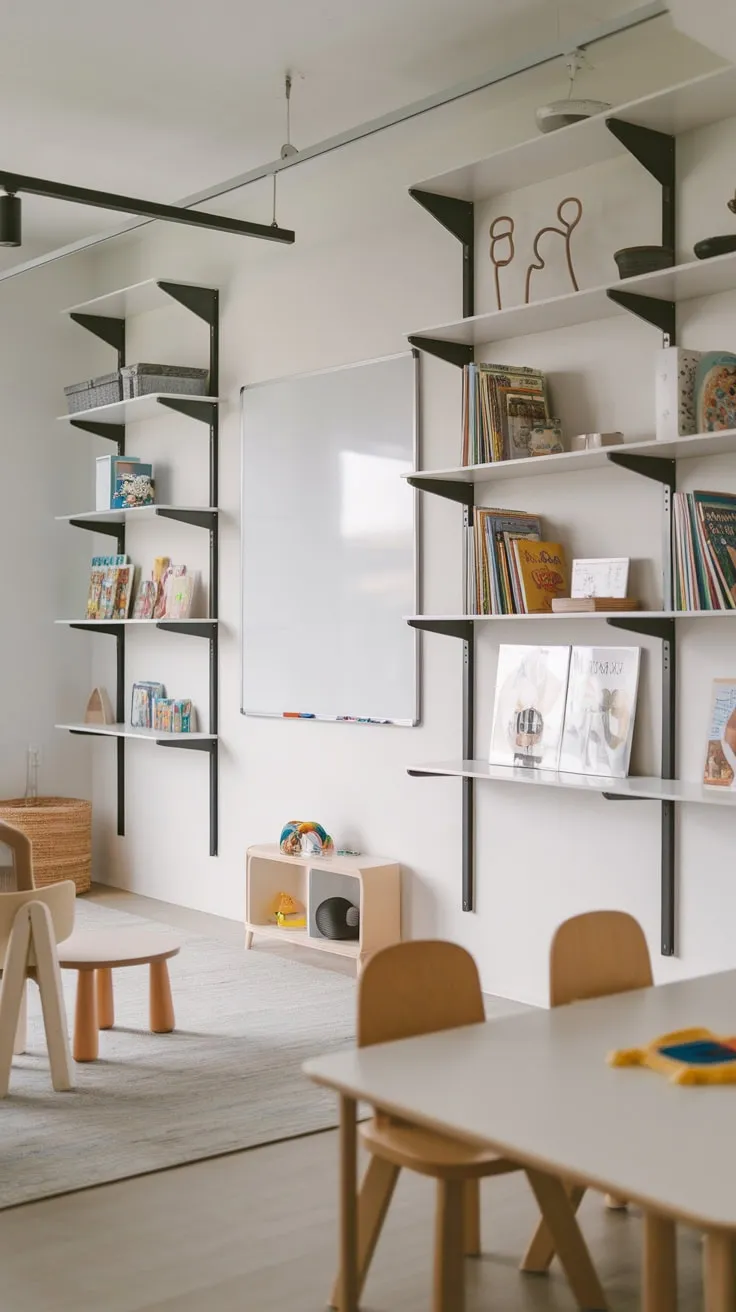 Modern white shelving units stylishly organize kids' books and toys in a clean functional playroom