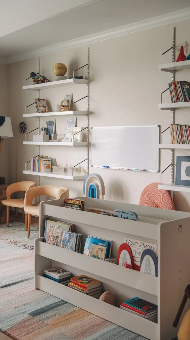Modern shelving units cleverly store a colorful collection of children's books and toys in a bright and inviting playroom.