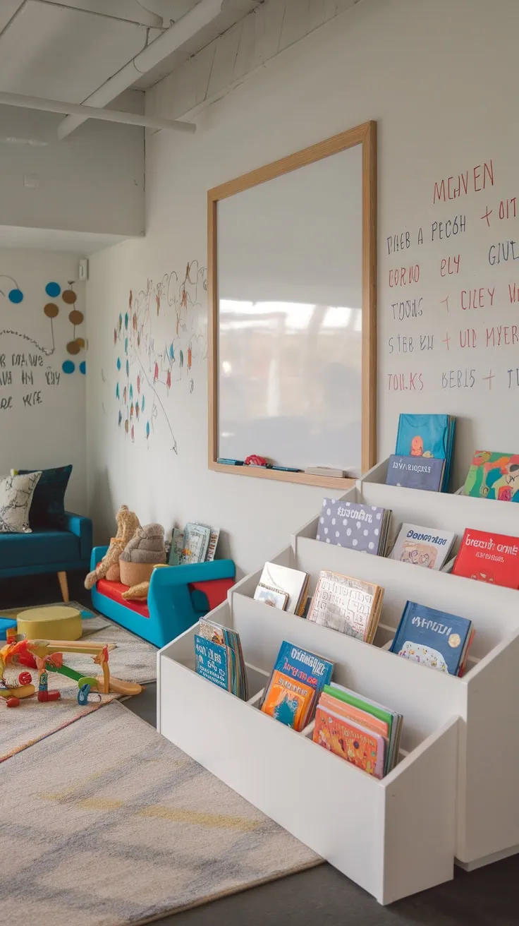 Modern shelving creatively displays children's books in a colorful playroom boasting whiteboard walls, a dedicated play area, and comfortable seating.