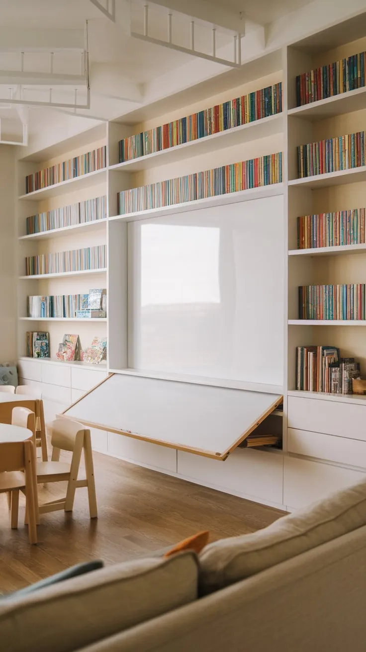 A vibrant playroom features sleek white shelves brimming with books and a whiteboard wall, seamlessly blending storage and learning.