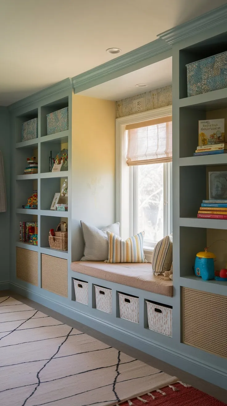A cheerful playroom boasts built-in storage shelves offering a blend of open and closed spaces for toys and books, complemented by a cozy window seat and soft blue and yellow hues