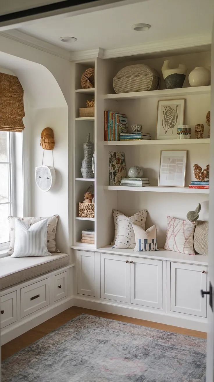 Dreamy playroom design featuring built-in toy shelves and a delightful playroom nook. This kids playroom built-in storage solution is both stylish and practical, offering ample space for toys, books, and games.  The playroom open shelving keeps everything accessible and visually appealing.  Built-ins for playroom are a game-changer, and this example proves it's the best playroom storage you can find.  These built ins for playroom are pure inspiration.