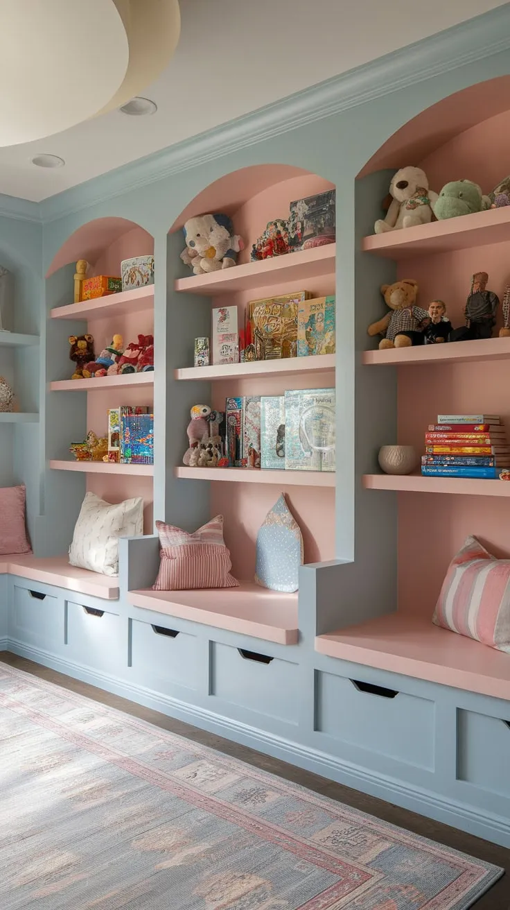 Built-in shelves and benches transform a kids' playroom into a stylish and functional space, maximizing storage for toys and games.