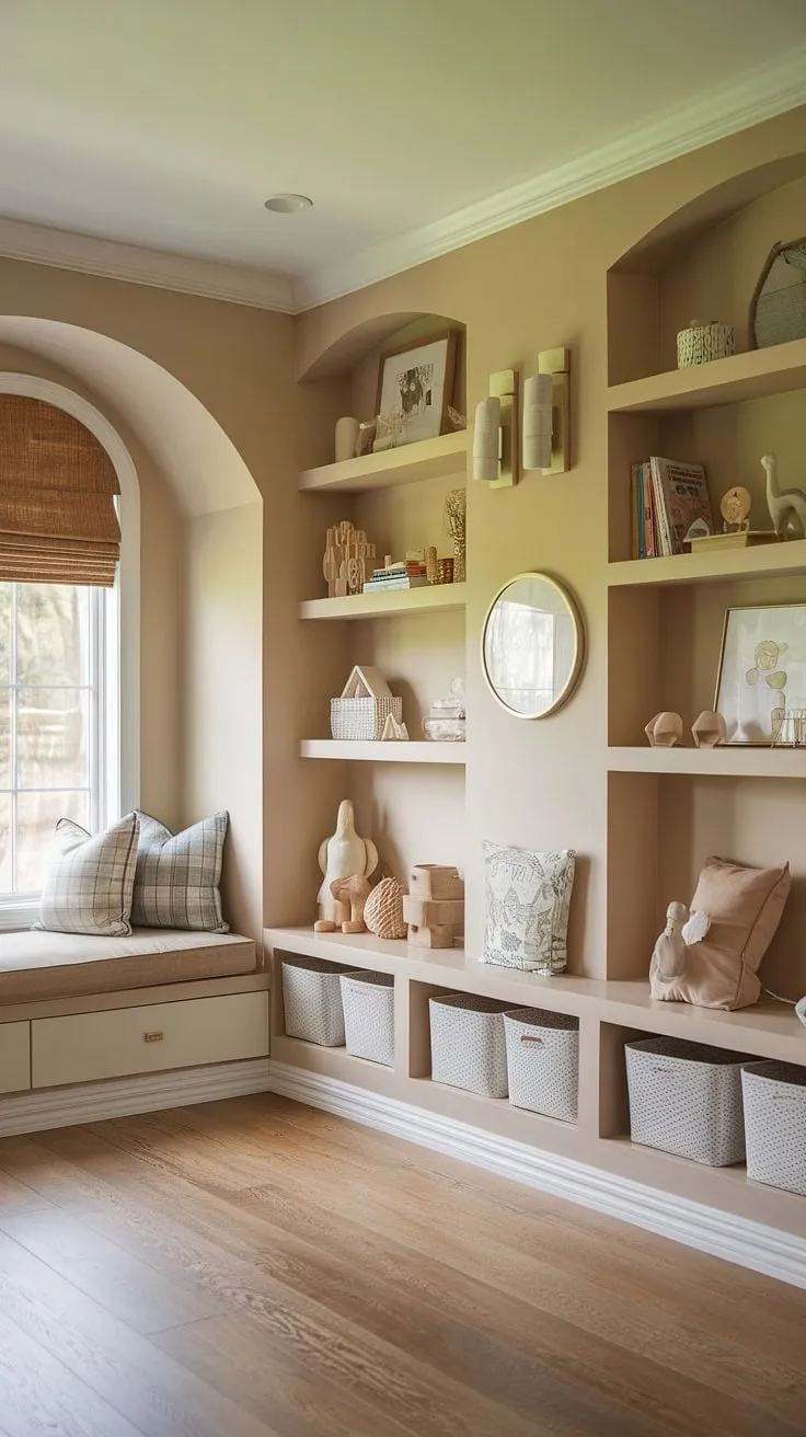 This playroom's built-in storage is the ultimate solution for organized play!  The built-in toy shelves and playroom open shelving maximize space, while the cozy playroom nook with a window seat adds a touch of magic.  Clever built ins for playroom, this design offers the best playroom storage and is brimming with playroom ideas built ins.  Kids playroom built in storage doesn't get much better than this.