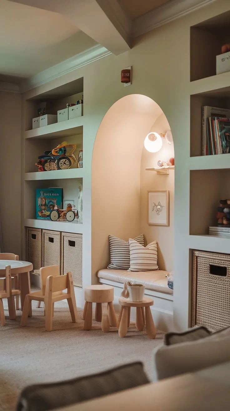 Dreamy playroom design featuring built-in storage that's both stylish and practical.  The built ins for playroom seamlessly integrate with the room's aesthetic, offering ample space for toys and books on the built-in toy shelves.  A delightful playroom nook completes the scene, making this the ultimate kids playroom built in storage solution.  These playroom ideas built ins are a testament to the best playroom storage options available.
