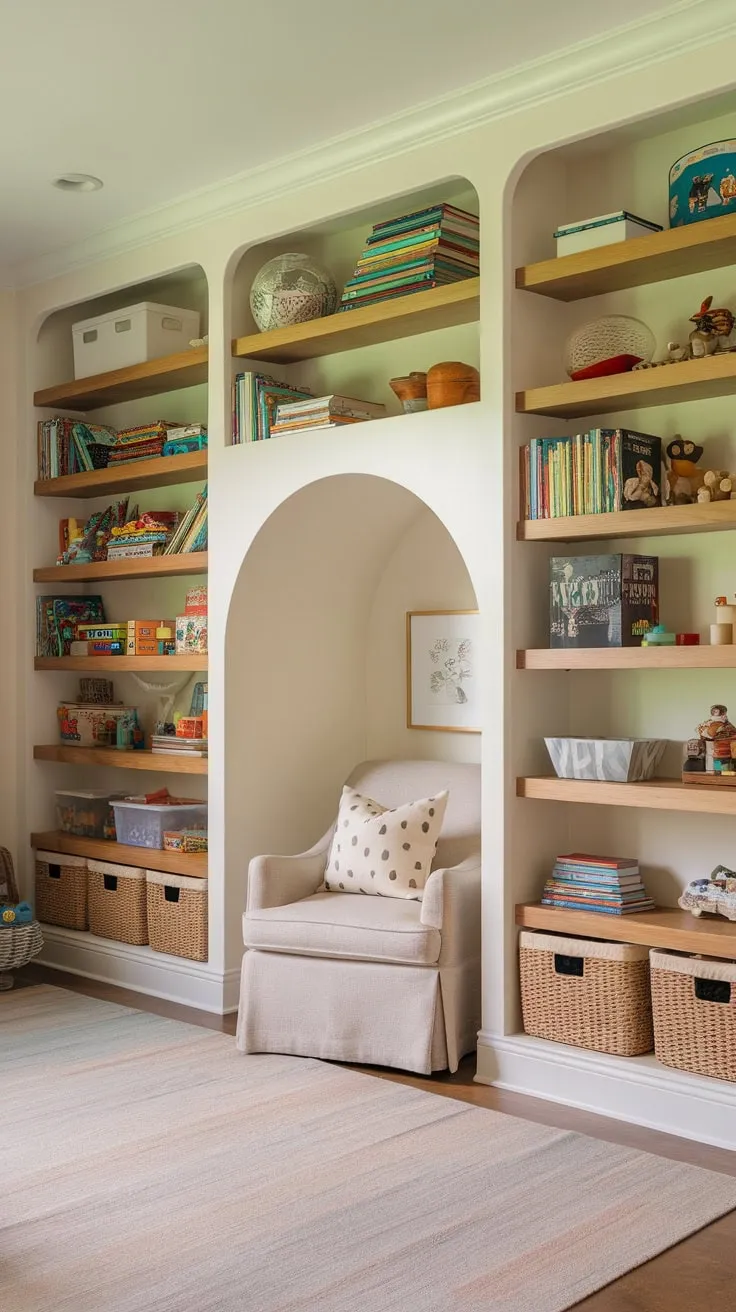 Built-in storage transforms a playroom into a calming haven, complete with a comfy reading nook and ample space for toys and games.