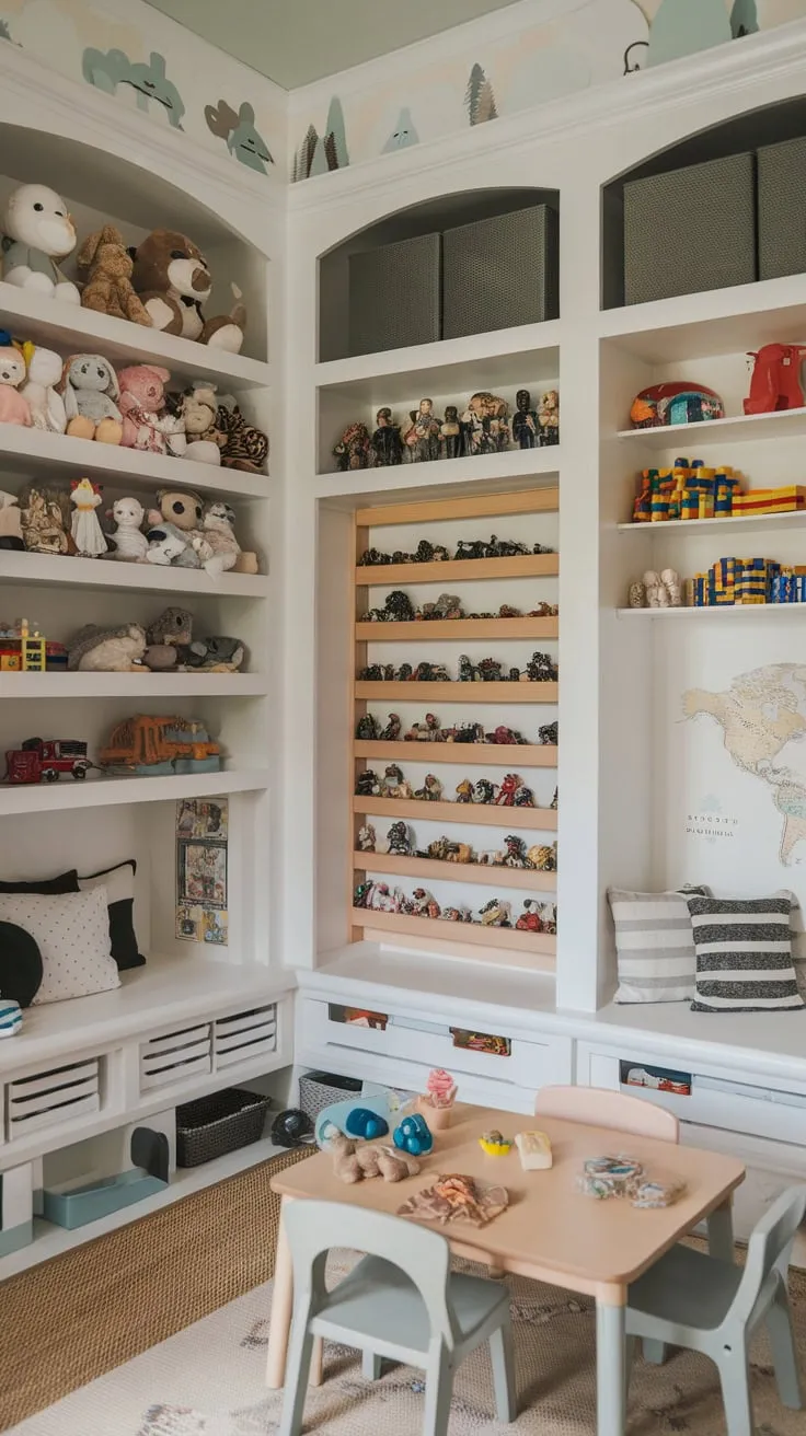 Built-in storage transforms a playroom into a haven of organized fun, complete with themed toy shelves and a charming reading area.