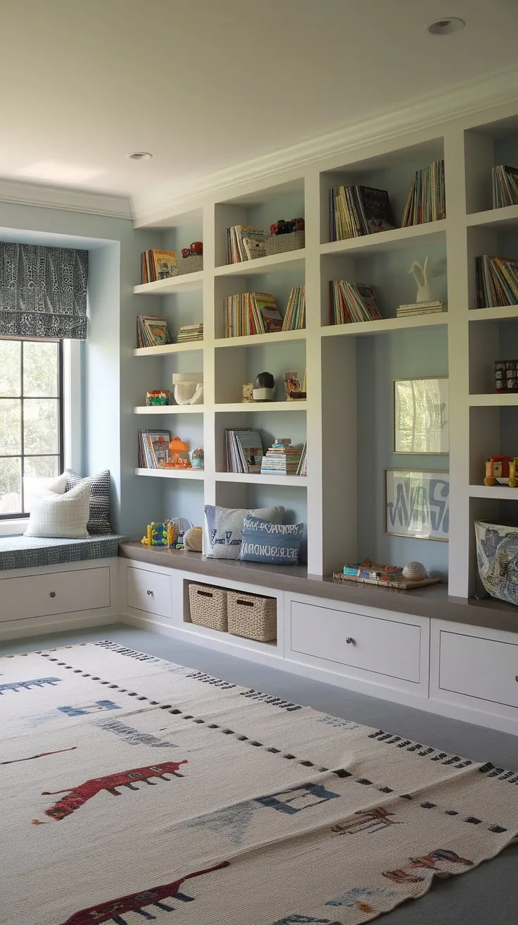 This light blue playroom maximizes space with clever built-in storage, showcasing built-in toy shelves and a comfy window seat nook.  The best playroom storage solutions often blend functionality and charm, as seen in this design featuring playroom open shelving and a built-in bench.  Kids playroom built-in storage doesn't get much better than this!  Built-ins for playroom organization are key, and this room is a perfect example of playroom ideas built-ins can bring to life.