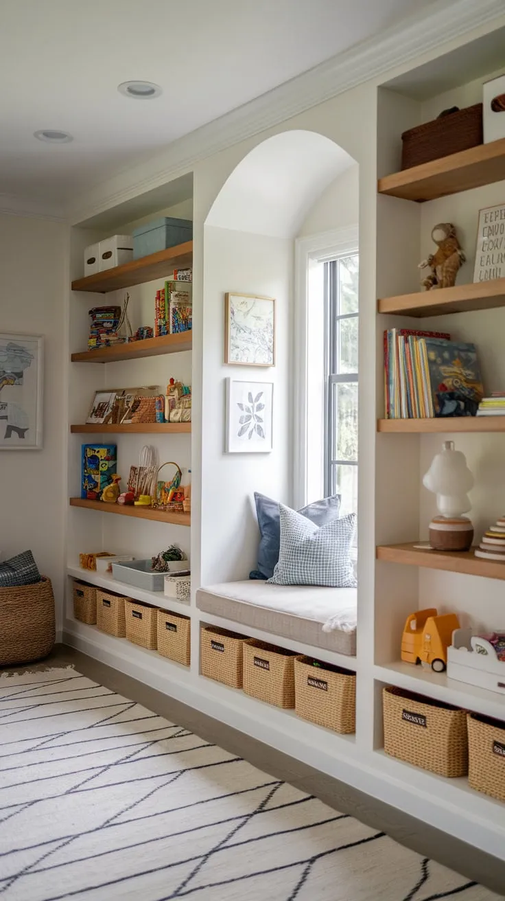 A charming playroom boasts built-in white wood shelving overflowing with toys and books, complemented by a cozy window seat and playful decor
