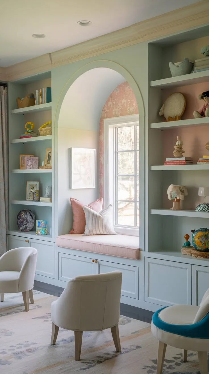 A charming playroom boasts built-in shelves overflowing with toys and books, creating a functional and aesthetically pleasing environment.