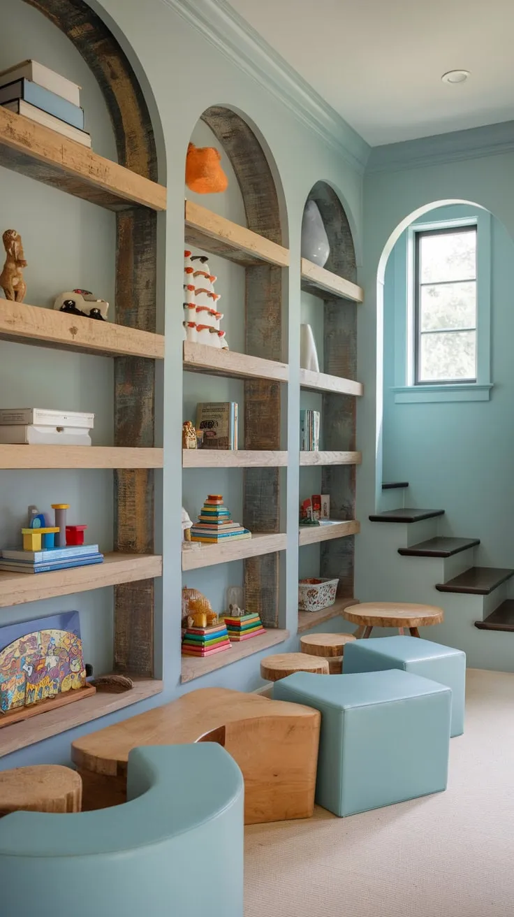 A charming rustic playroom boasts built-in wooden shelving for toys and books, comfy seating, and a loft accessed by a small staircase