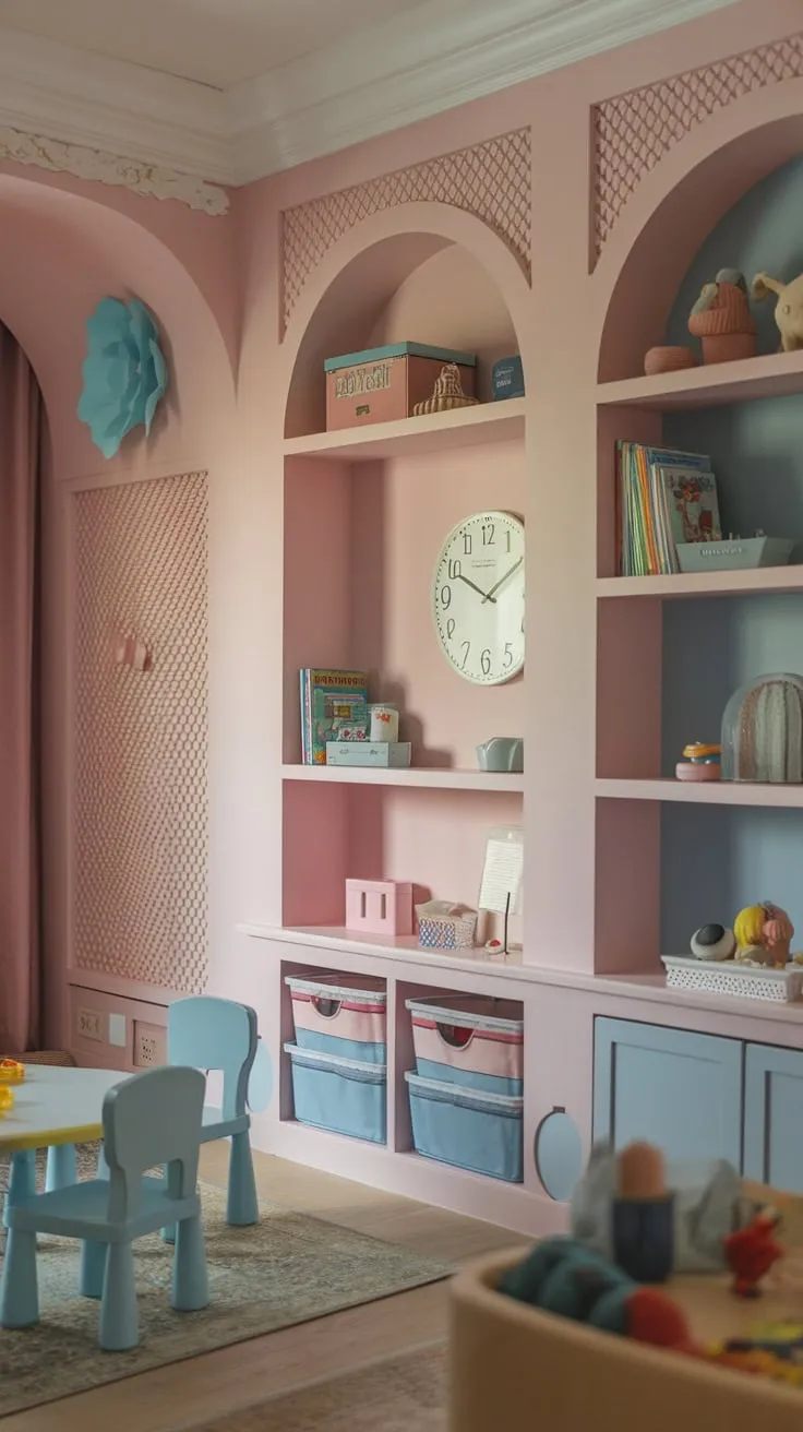 A dreamy pink and blue playroom boasts built-in storage, showcasing toys and books amidst charming details and a cozy rug