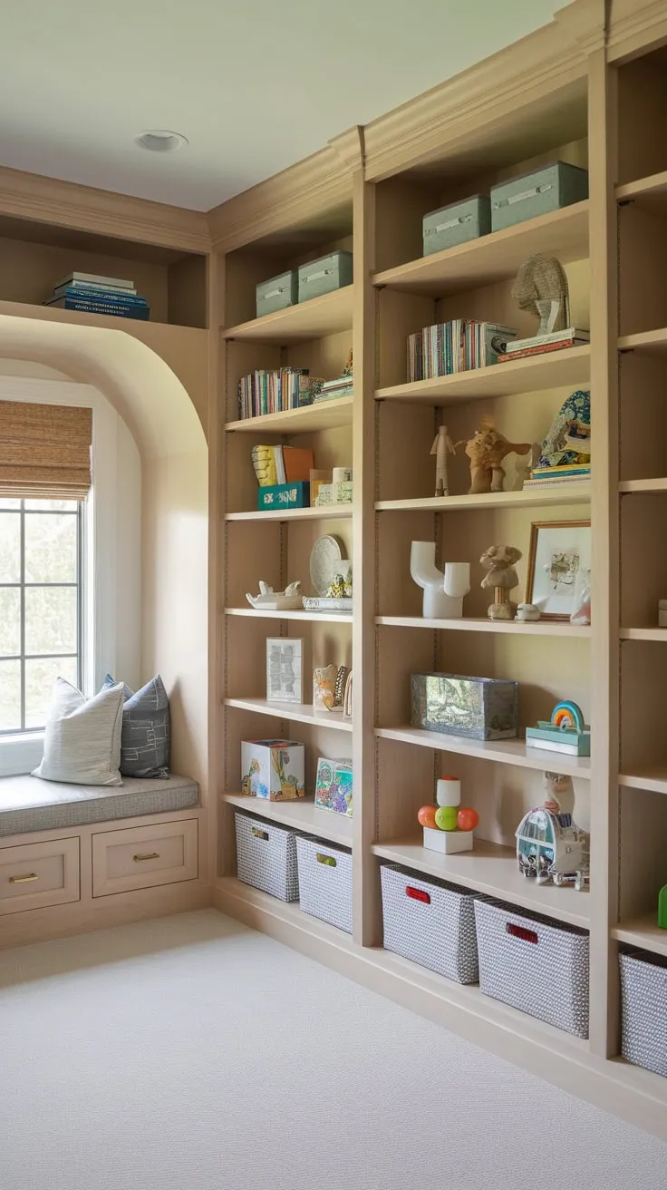 Maximize playroom space and organization with custom built-in wooden shelving and a cozy window seat nook