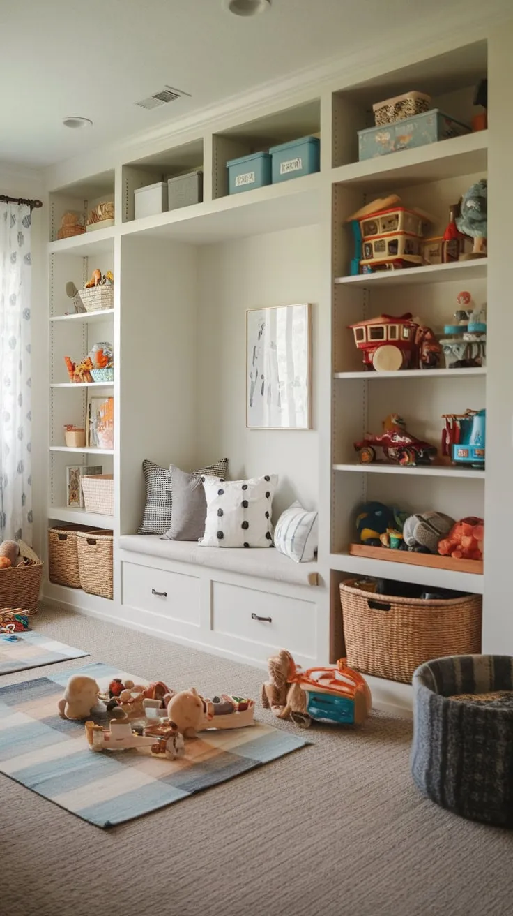 Built-in storage transforms a playroom nook into a functional and inviting space for imaginative play.