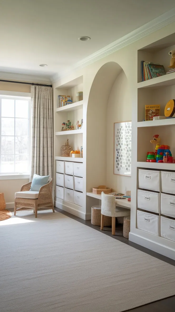 A light and airy playroom boasts built-in storage, a dedicated reading area, and ample floor space for imaginative play.