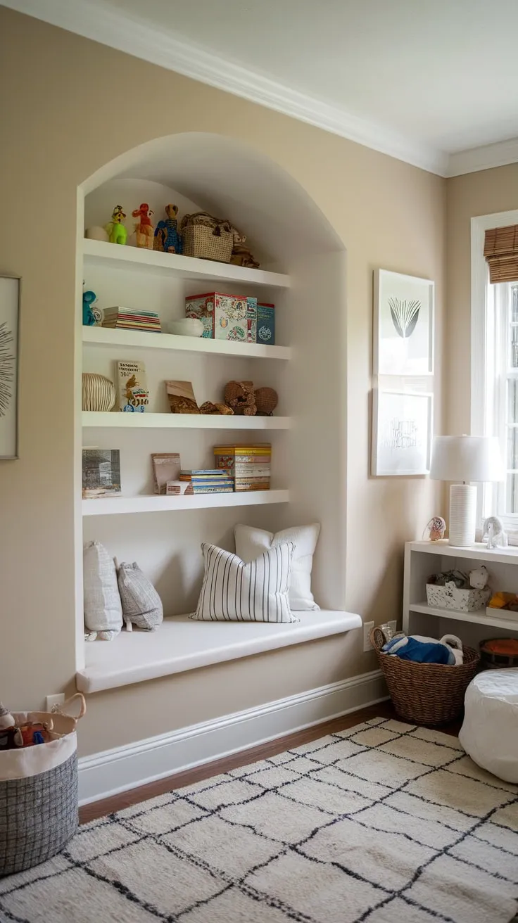 A built-in playroom nook maximizes space with shelves for toys and books, creating a charming and organized play area.