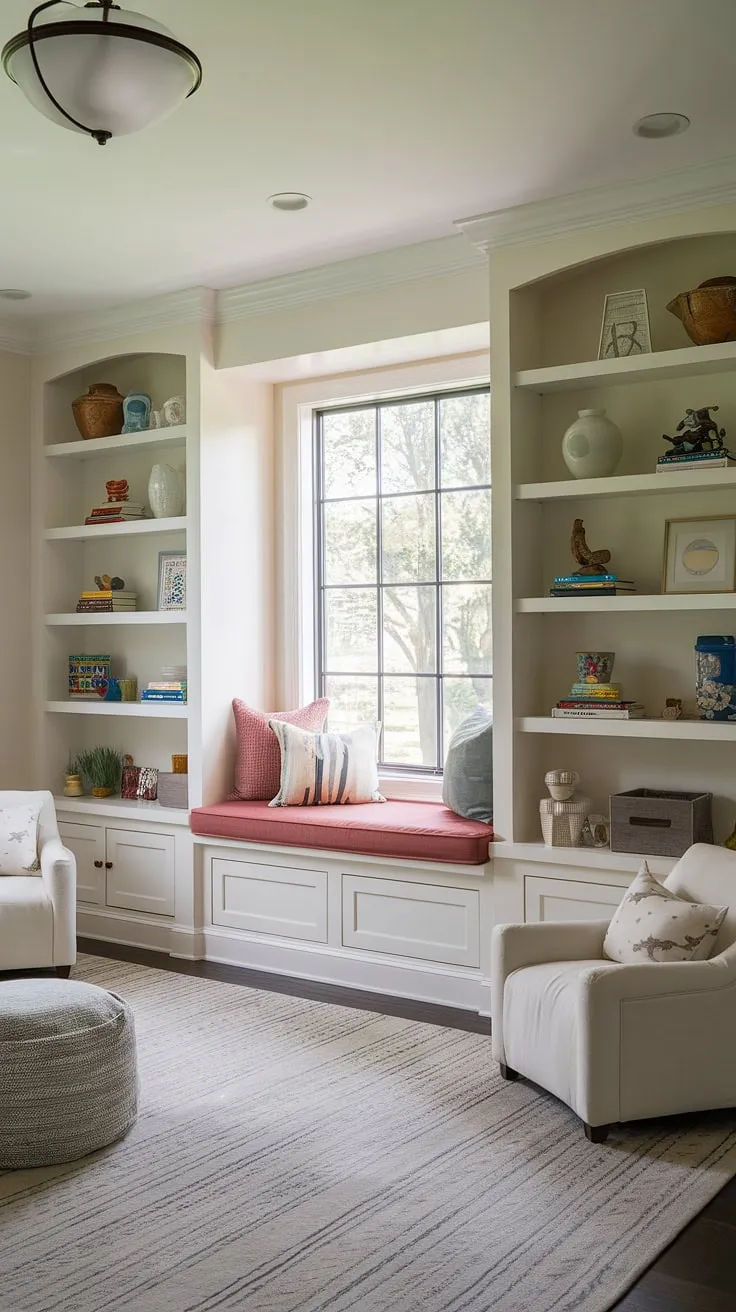 Dreamy playroom design featuring built-in storage that's both stylish and functional.  The built-ins for playroom organization, including the built-in toy shelves and playroom nook, provide ample space for toys and books. This is the epitome of best playroom storage, showcasing smart playroom open shelving solutions.  Perfect playroom ideas built-ins for any parent seeking efficient and charming kids playroom built-in storage.