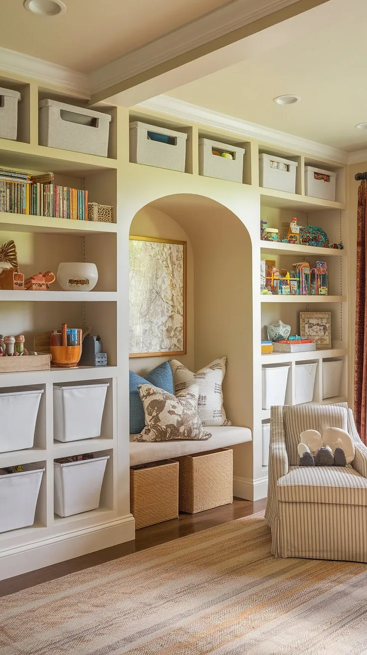 This playroom's built-in storage is the ultimate solution for organized fun!  Clever built-in toy shelves and enclosed bins maximize space, while the playroom open shelving keeps favorite items within easy reach. The cozy playroom nook is the perfect spot for quiet reading time.  This is the best playroom storage solution we've found, showcasing brilliant playroom ideas built ins and built ins for playroom organization.  Kids playroom built in storage doesn't get much better than this.
