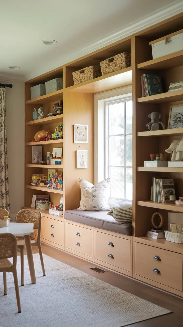 Kids playroom built-in storage doesn't have to be boring! This design showcases the perfect blend of functionality and charm, with built ins for playroom organization that are both stylish and practical.  The playroom open shelving displays favorite toys, while the closed cabinets keep things tidy.  A delightful playroom nook with a window seat completes this dream kids playroom built-in storage solution.