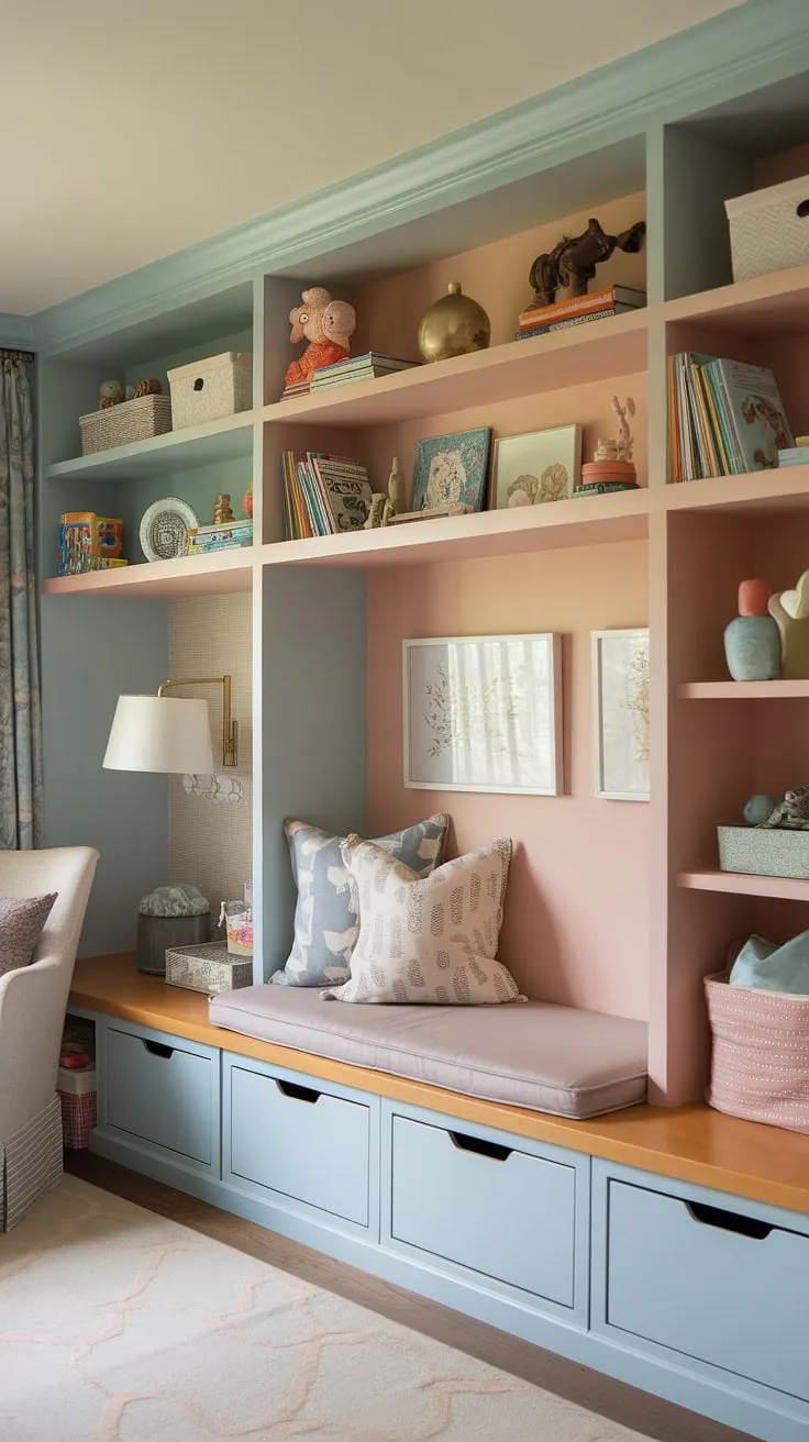 This dreamy playroom proves that functionality and style can coexist beautifully.  The custom built-in storage, complete with open shelving for favorite toys and books, closed cubbies for smaller items, and a cozy bench seat, maximizes space and minimizes clutter.  Clever built ins for playroom organization make this the best playroom storage solution, creating a dedicated playroom nook perfect for imaginative play.  Playroom ideas built ins don't get much better than this!