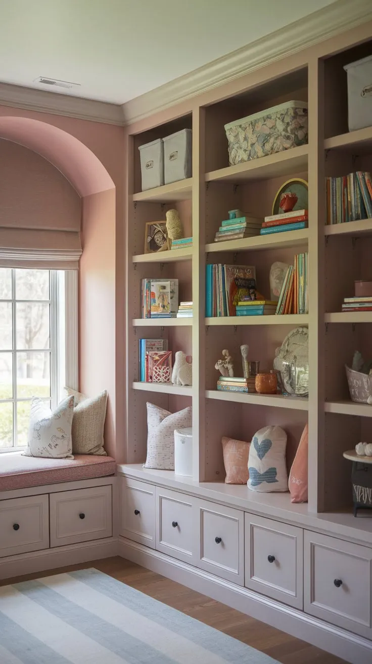 Built-in storage maximizes space in a serene playroom featuring soft hues, hardwood floors, and a charming window seat nook.
