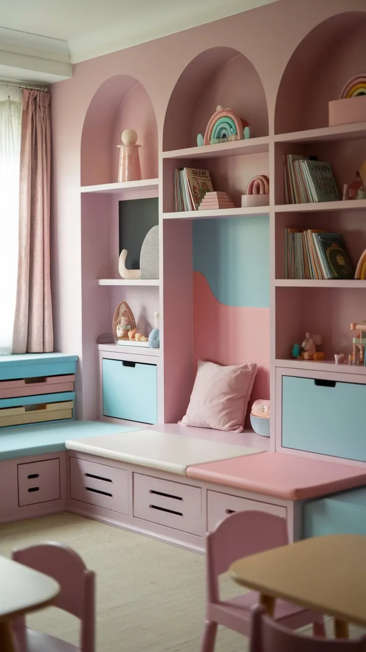 Built-in storage transforms this playroom into a stylish and organized haven with a dedicated reading nook and soft color palette.
