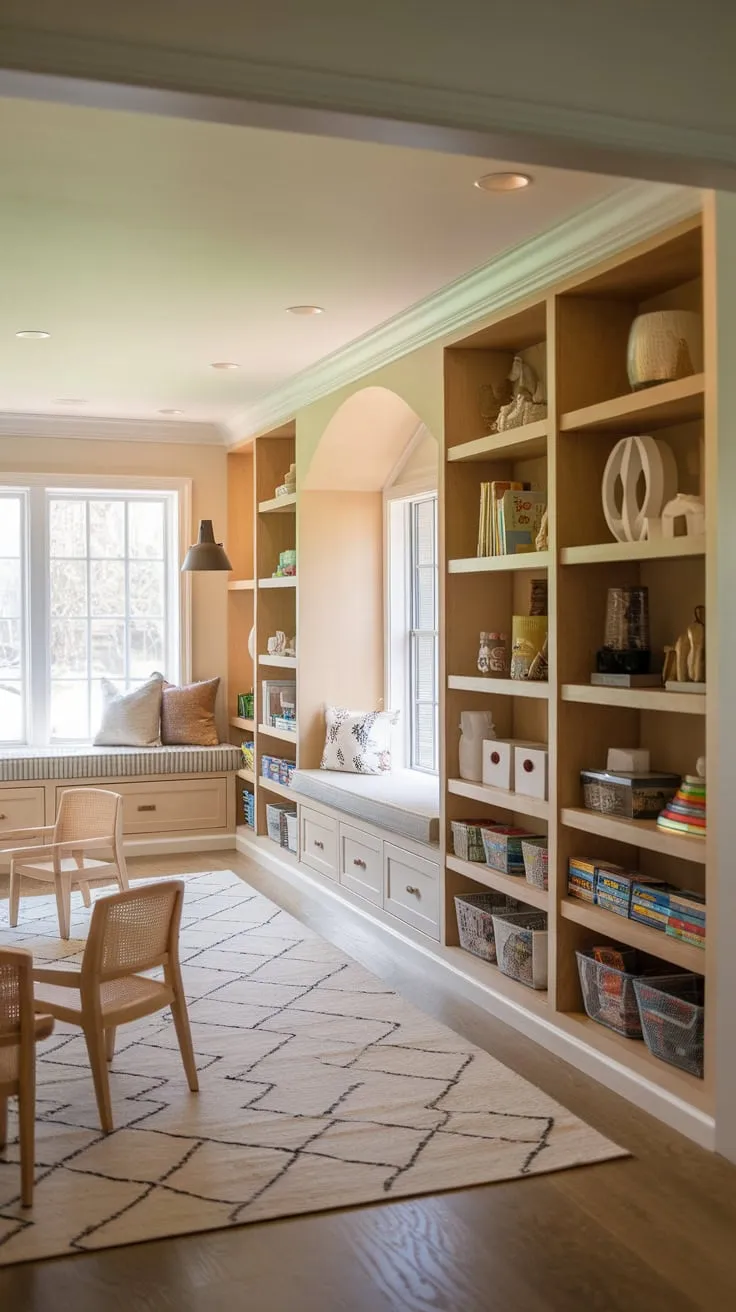 Maximize playroom space and organization with custom-built wooden shelving and a cozy window seat nook