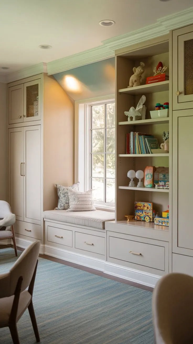 A bright playroom boasts built-in storage shelves and cabinets, a cozy window seat, and a calming color palette for organized imaginative play