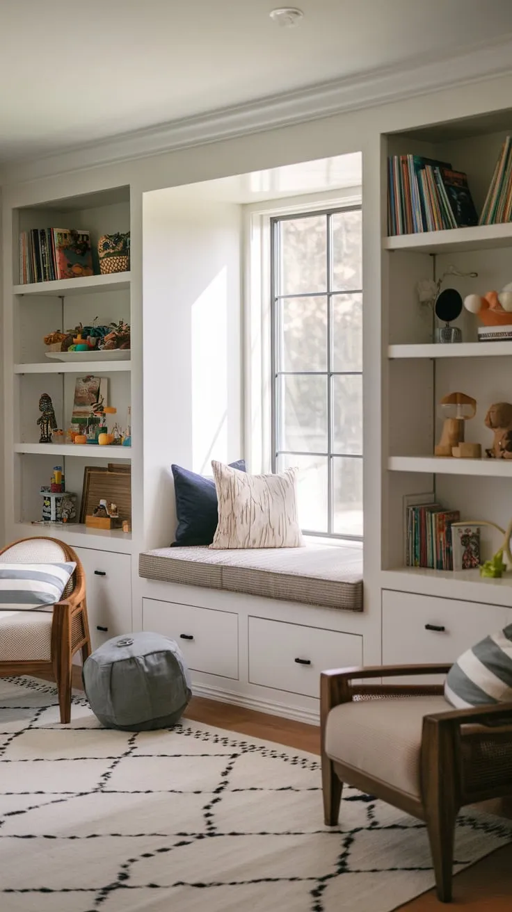 Built-in shelves and a cozy window seat transform this kids' playroom into an organized and inviting haven.