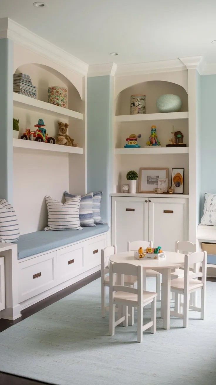 A light blue playroom boasts built-in bench seating with storage and open shelving, creating a calm and organized space for play