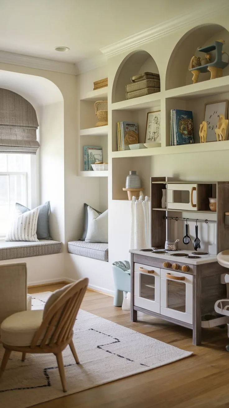 Built-in shelves and a charming window seat create a perfectly organized and inviting vintage playroom.