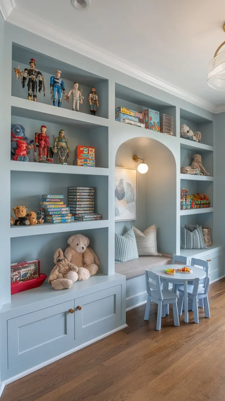 Built-in shelves cleverly maximize space in this charming kids' playroom, keeping toys organized amidst a playful light blue setting.