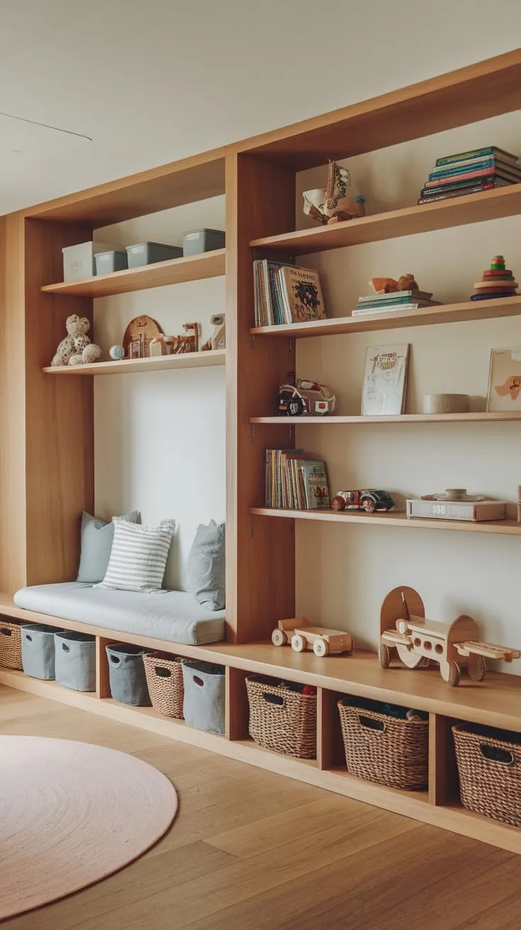 A charming playroom boasts built-in wooden shelving overflowing with toys and books plus a comfy cushioned bench for playtime relaxation