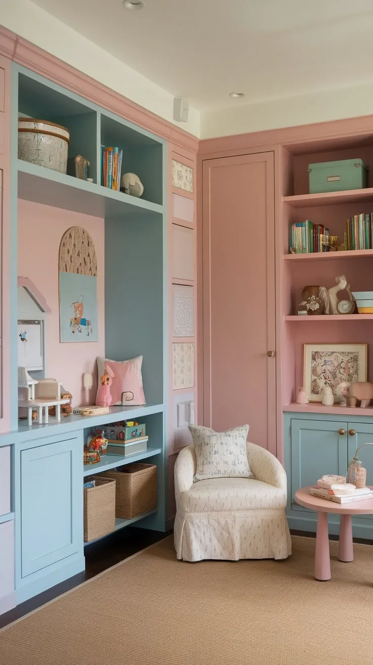 A calming pink, blue, and beige playroom boasts built-in storage maximizing space and creating a cozy reading nook