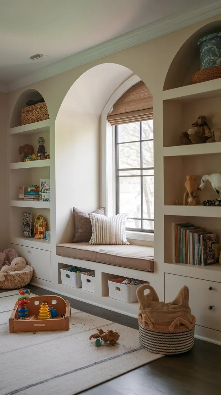A cozy playroom boasts built-in shelving and a window seat nook maximizing space and toy accessibility