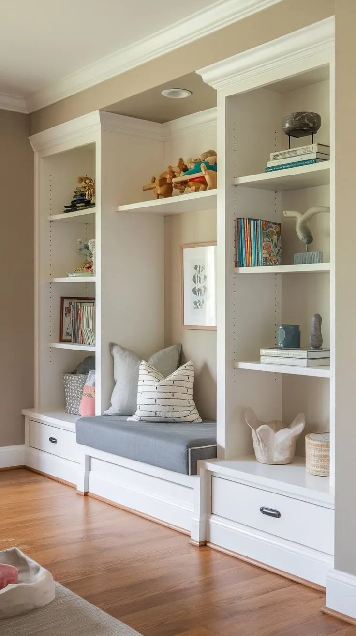 A charming playroom nook boasts built-in storage showcasing toys and books on open shelves within a warm, hardwood-floored space